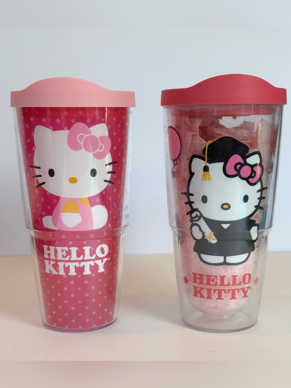 Tervis Hello Kitty Insulated Tumblers Lot of 2 Pink Travel Cups w/ Lids 24 ounce